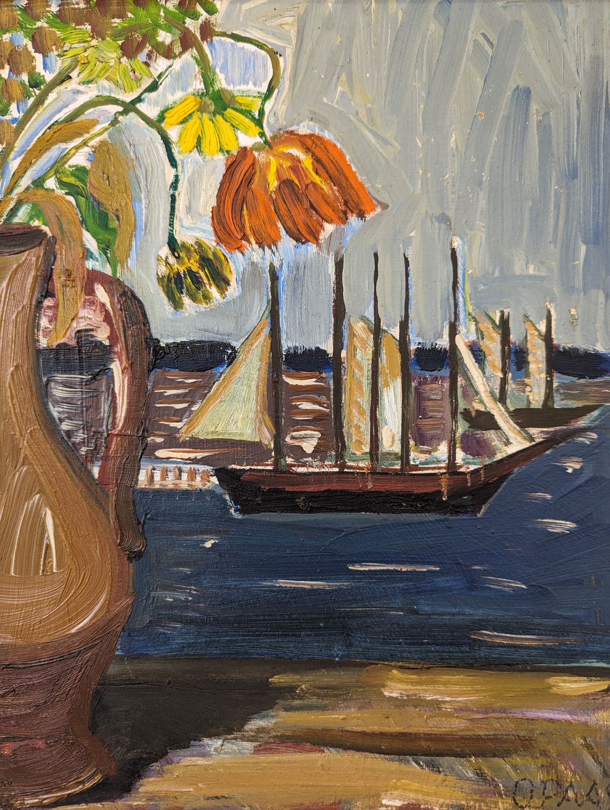 Art Mid Century Modernist Swedish Still Life Oil Painting, Sail Boats & Flowers, Framed photo