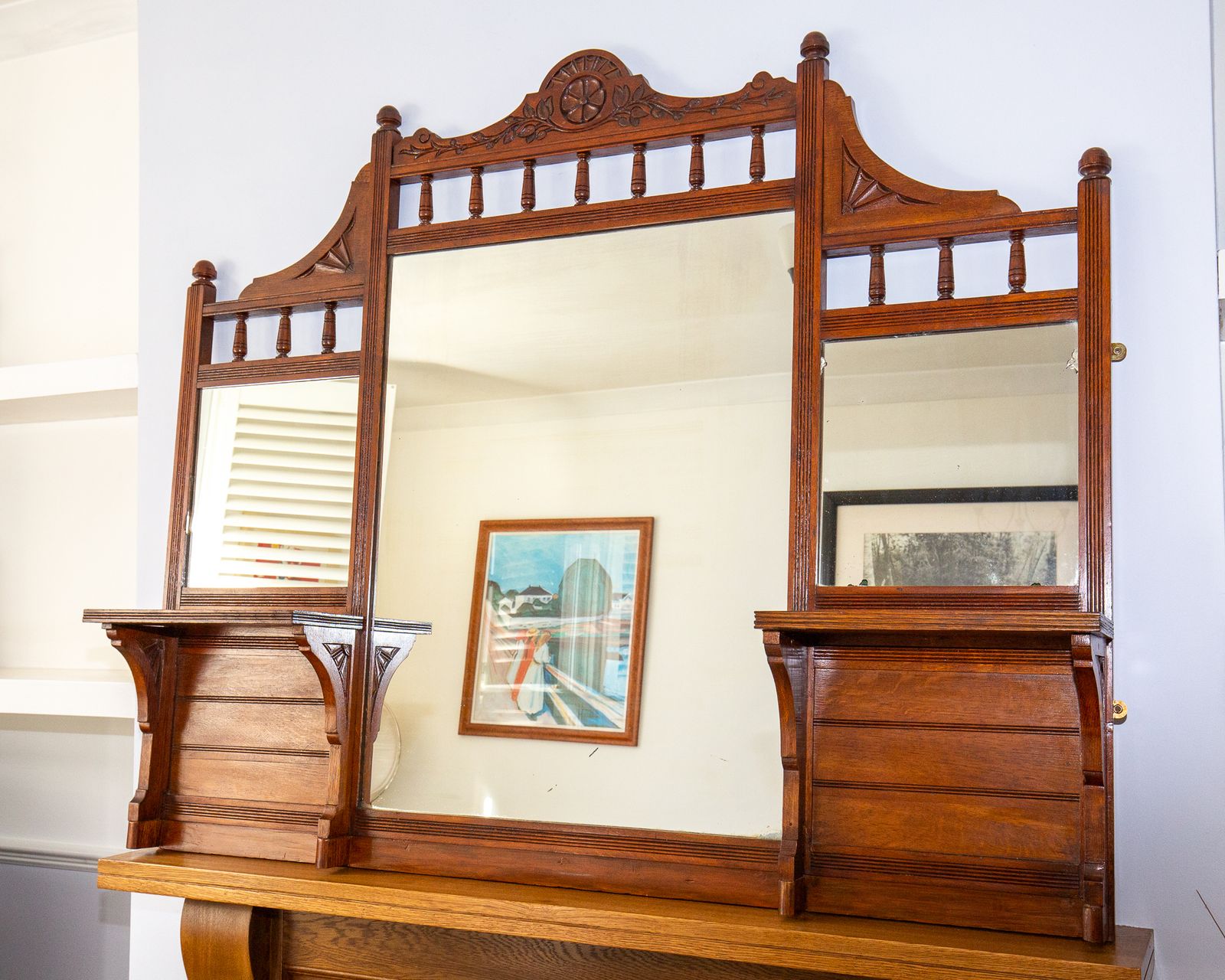 Walnut Overmantle Mirror 1900s Edwardian American Walnut Aesthetic Large Triple Overmantel Mantle Shelves Ornate Decorative Country House photo 795.0