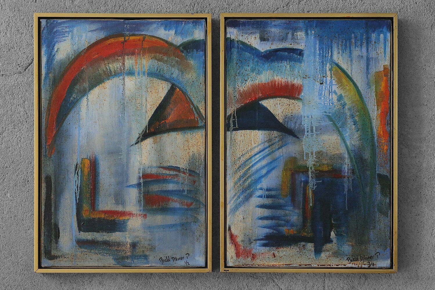 Roald Ditmer, Abstract Diptych, Olieverf Op Doek, Jaren 1980, Ingelijst, Set Van 2