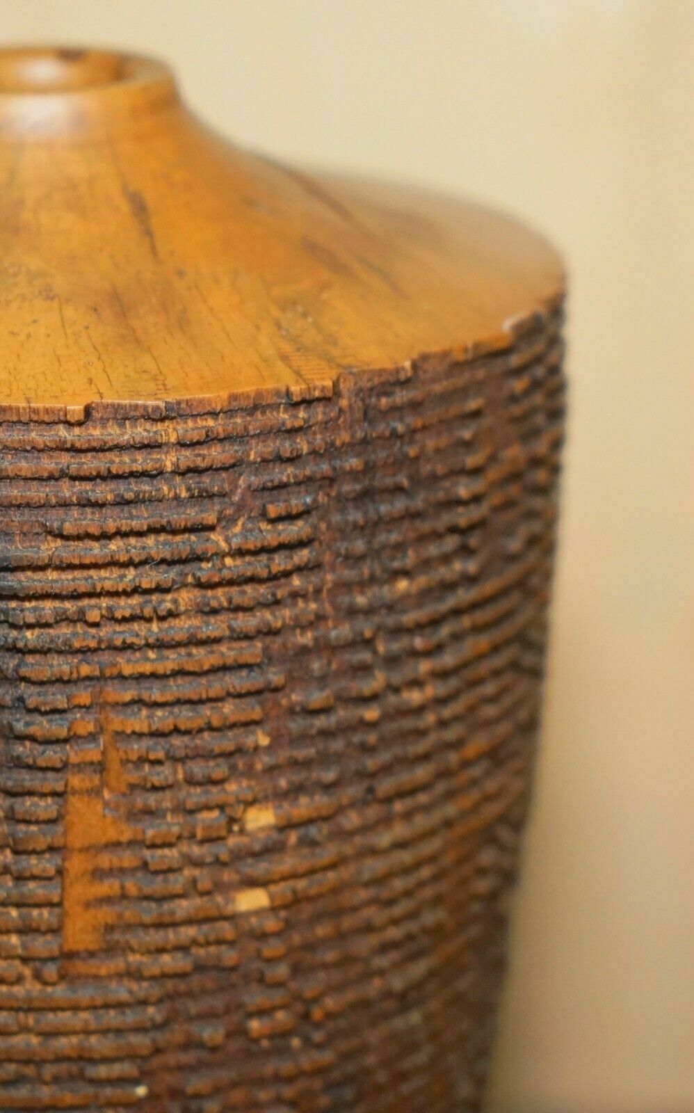 Large Ornately Hand Carved Wooden Vase Makers Signature To The Base photo buy