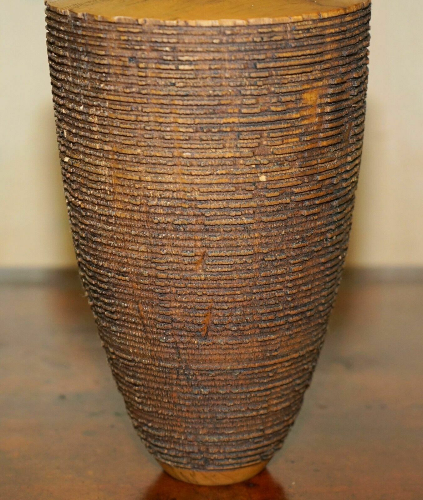 photo vinterior Large Ornately Hand Carved Wooden Vase Makers Signature To The Base