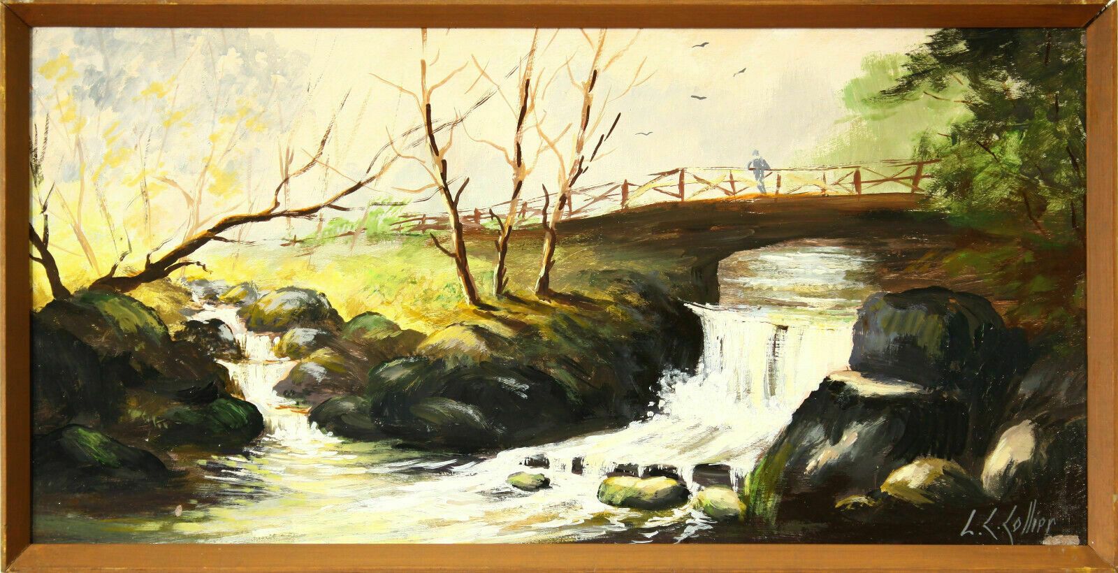 Oil On Board By L C Collier. Bridge Over Waterfall
