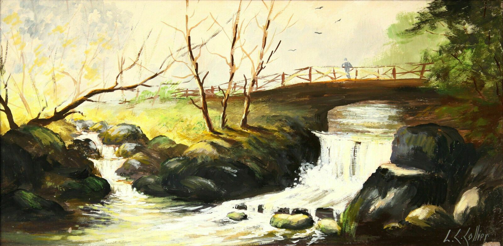 Oil On Board By L C Collier. Bridge Over Waterfall photo furniture