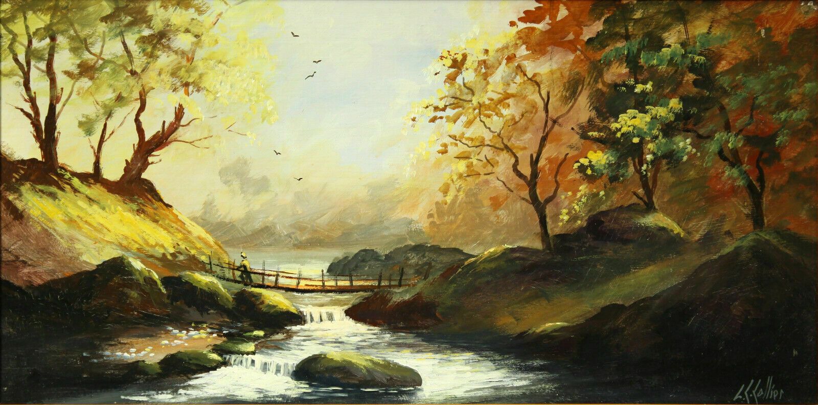Oil On Board By L C Collier. Wooden Bridge Over Stream photo furniture