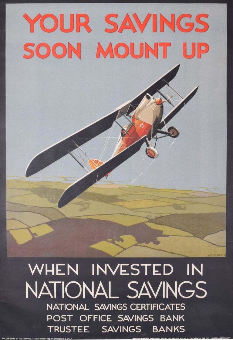 Unknown National Savings Biplane Original Vintage 1930s Poster photo Art