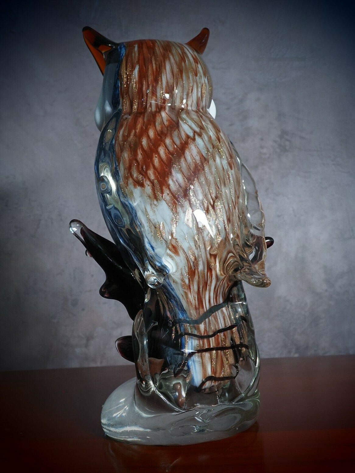 Murano Style Owl On Branch Glass Figurine, Night Bird Glass Sculpture, Italian Style Home Decor, Ideal Gift For Collectors photo vinterior