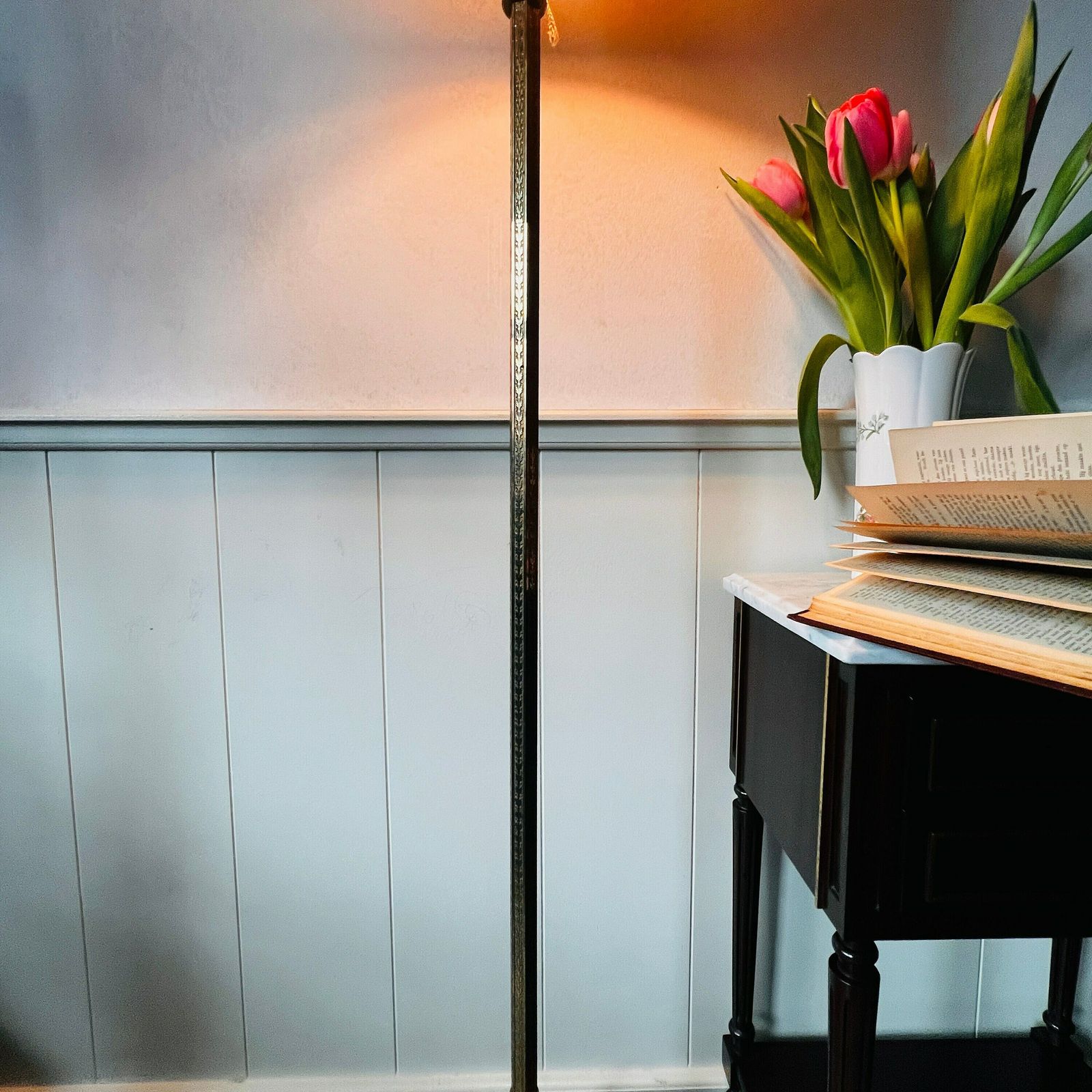 Elegant Floor Lamp, Aestetique Stand Lamp Made Of Bronze/Brass With 2 Lights And A Big Lampshade photo 742.0