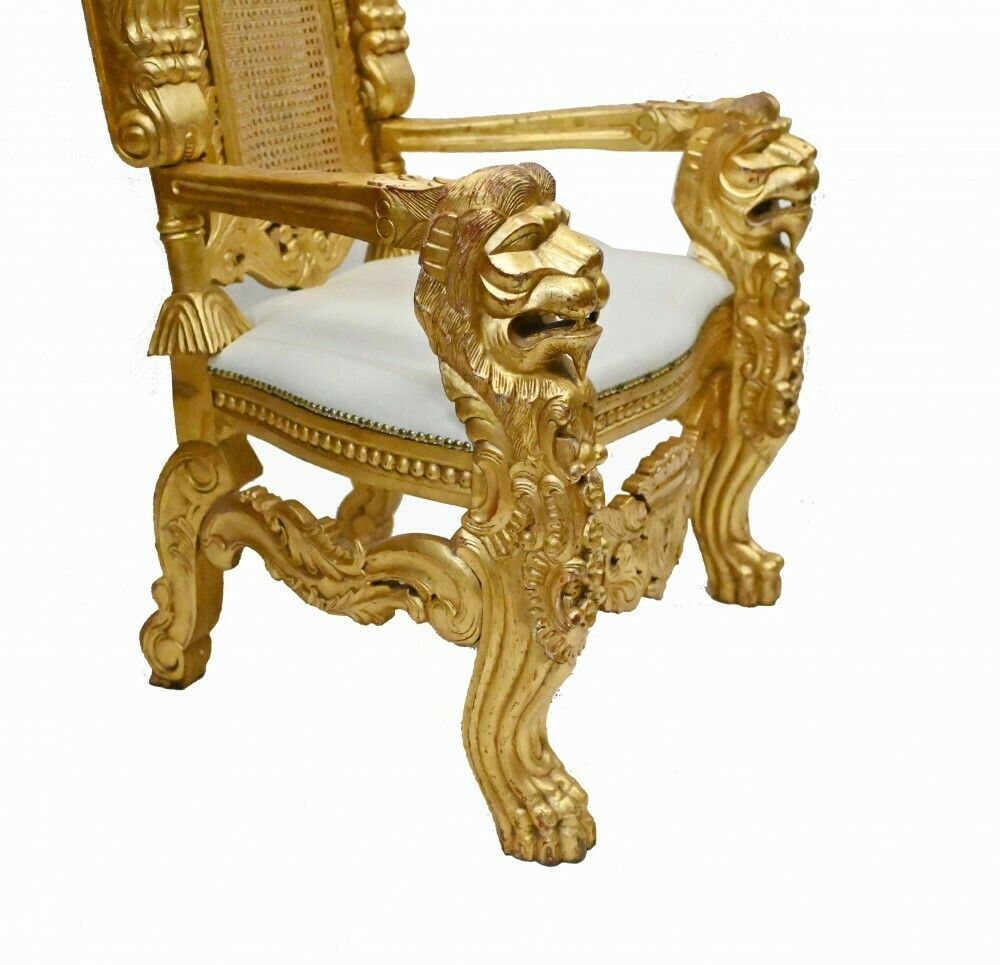 Pair Gilt Thrones Arm Chairs Hand Carved Lions Heads photo Furniture