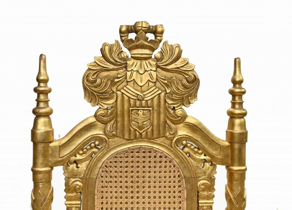 Pair Gilt Thrones Arm Chairs Hand Carved Lions Heads photo vintage