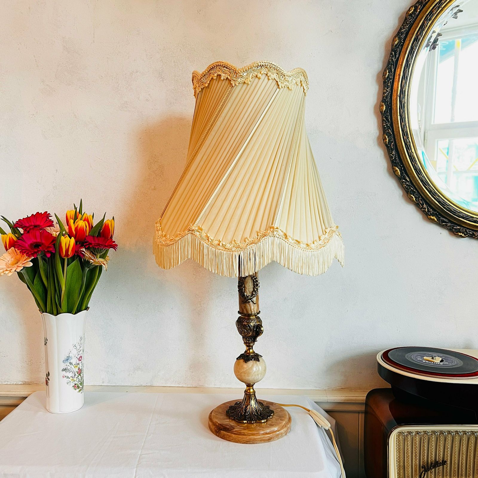 Italian Marble Lamp, Tall Table Lamp Lampshade Edges With Fringes, Rare Find