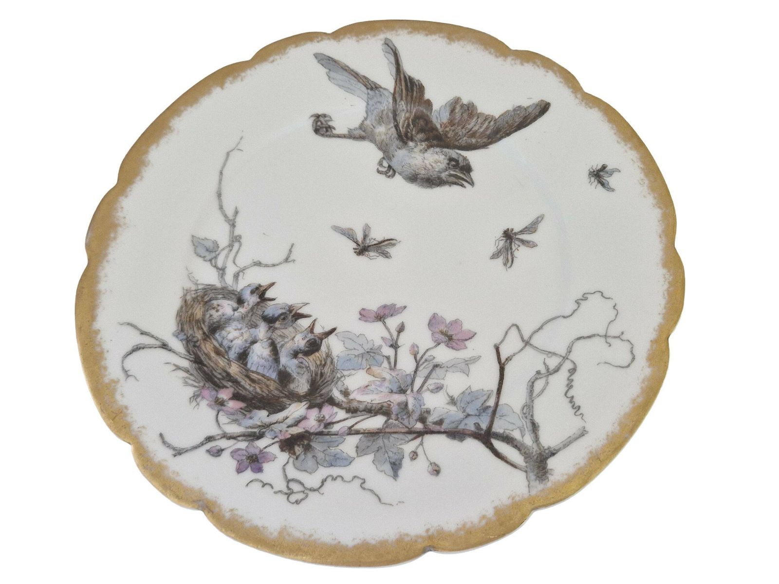 Limoges Porcelain Wall Plate With Hand Painted Birds And Insects By Adolphe Hache & Cie, French Cabinet Plate photo furniture