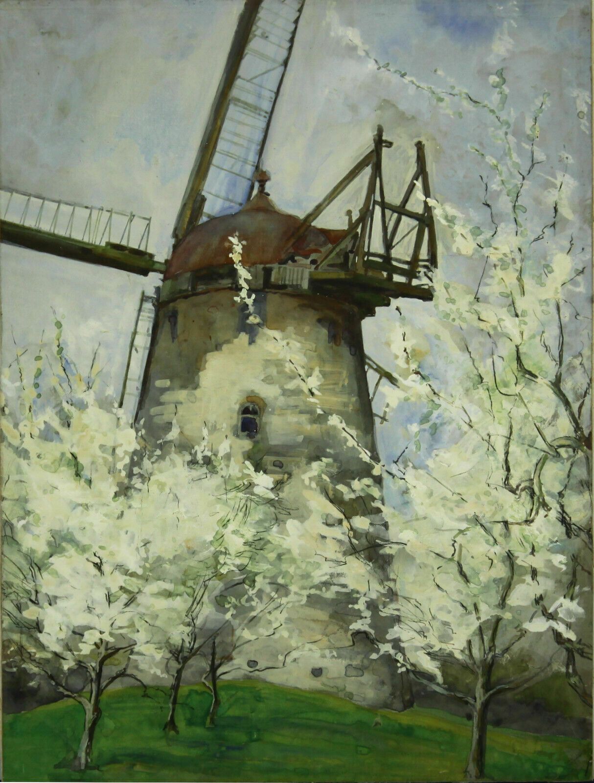 Gouache On Card Of A Mill And Apple Blossom