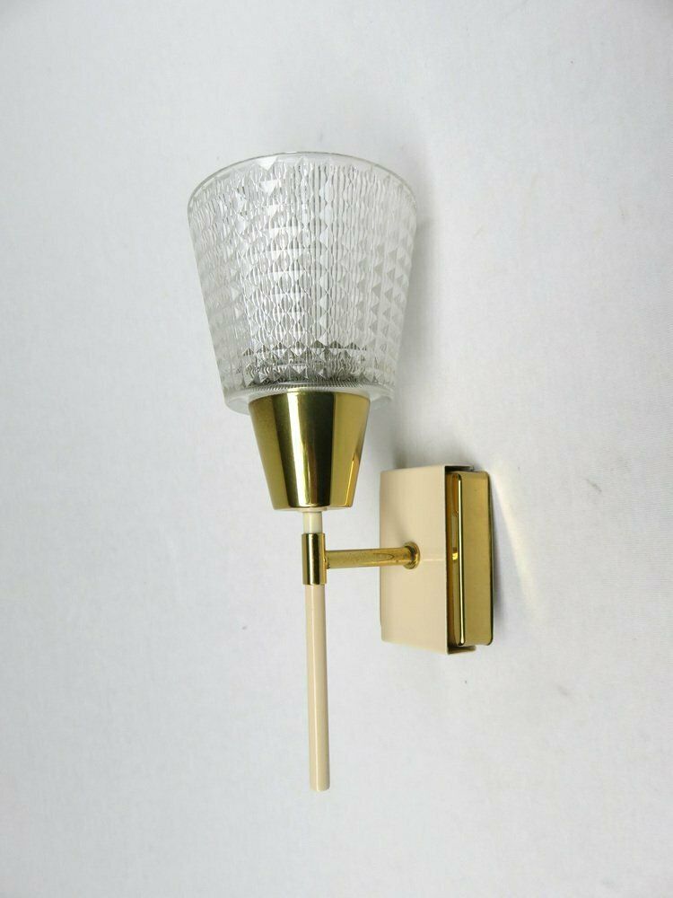 Elegant Wall Lights Torches, 50s, Brass, Beige, Glass, 1950s, Set Of 2 photo for sale