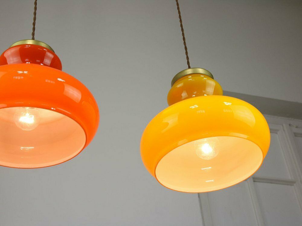 photo furniture Mid Century Italian Glass And Brass Pendant Lamps, Set Of 2