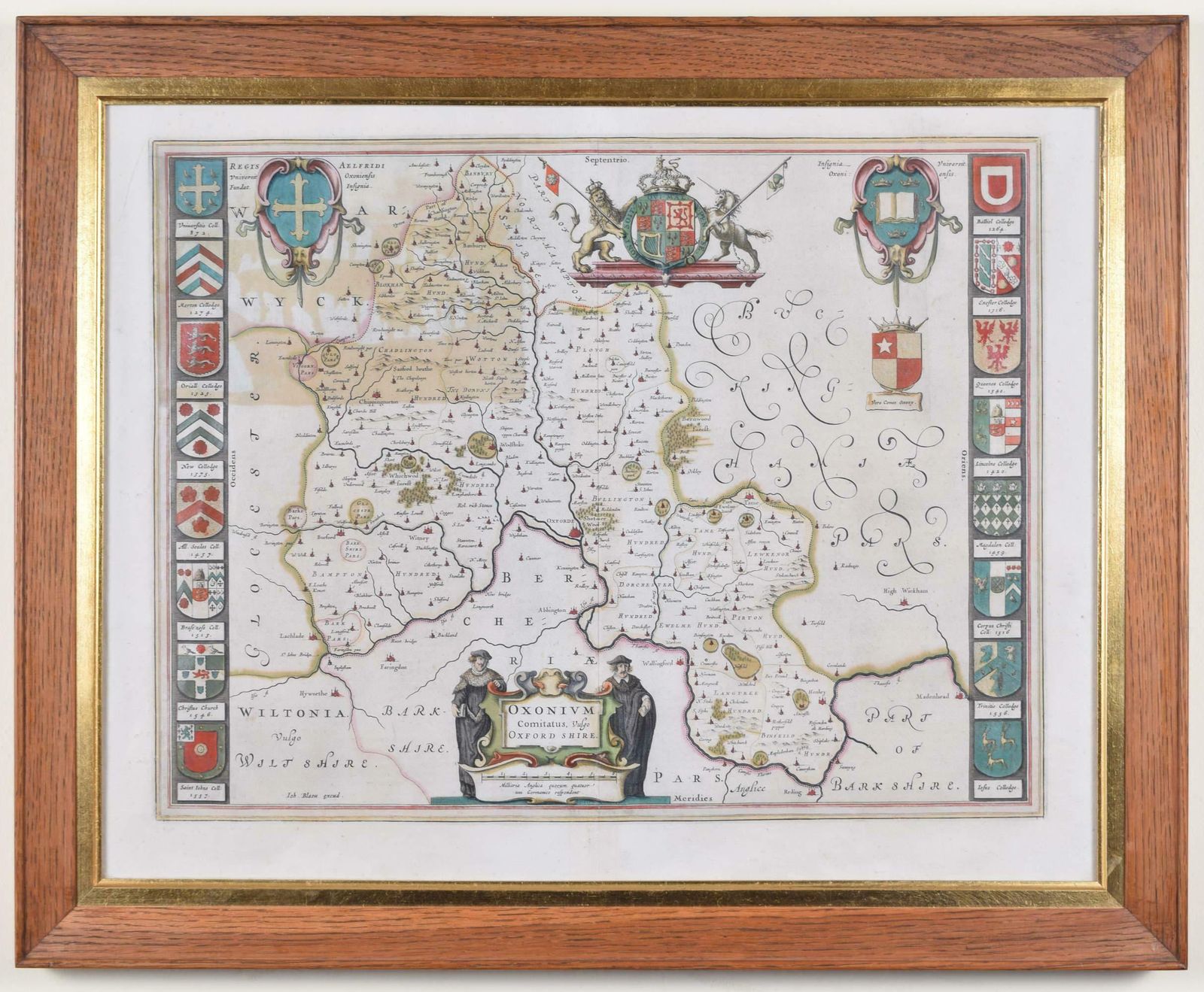 Joan (Johannes) Blaeu Map Of Oxfordshire By Joan Blaeu With College Crests  1662