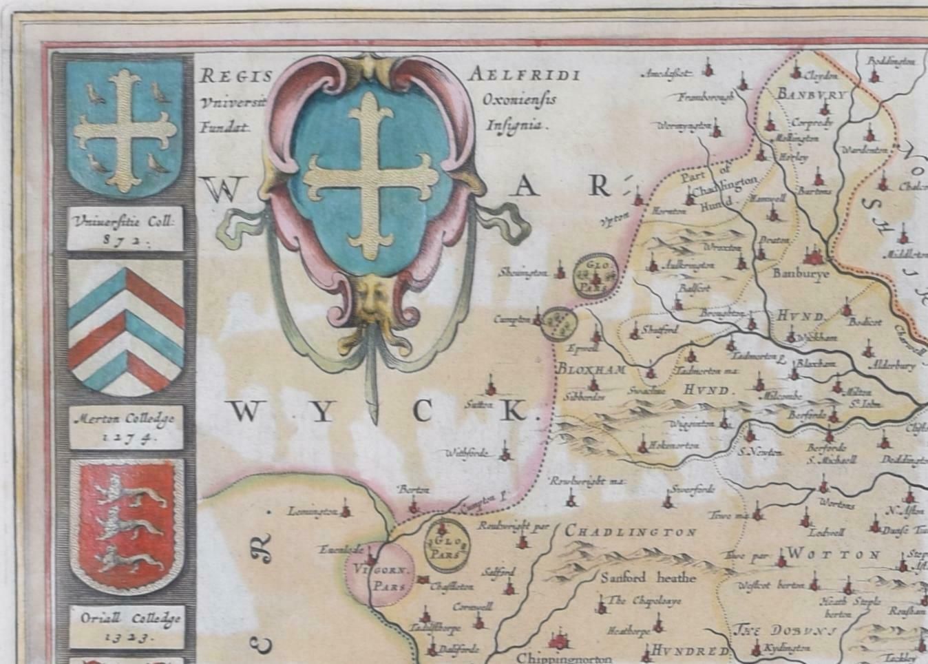 Joan (Johannes) Blaeu Map Of Oxfordshire By Joan Blaeu With College Crests  1662 photo for sale