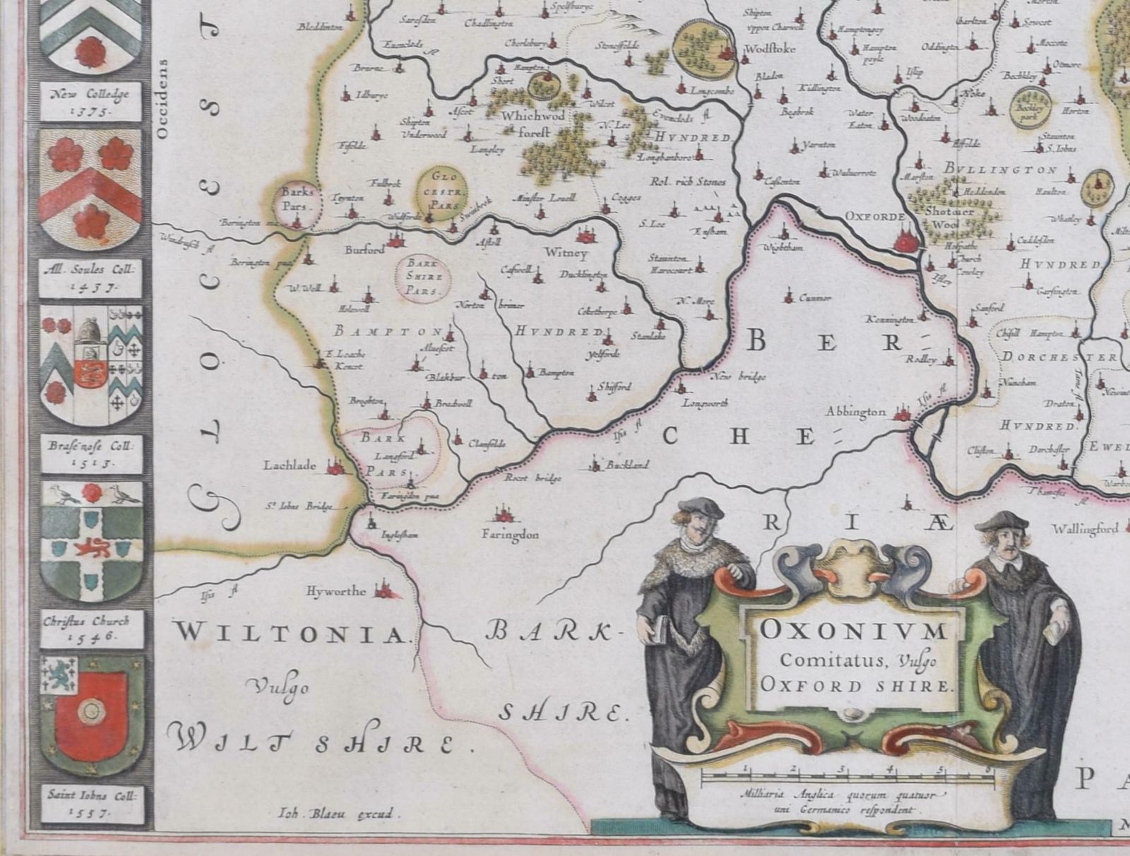 Joan (Johannes) Blaeu Map Of Oxfordshire By Joan Blaeu With College Crests  1662 photo 750.0