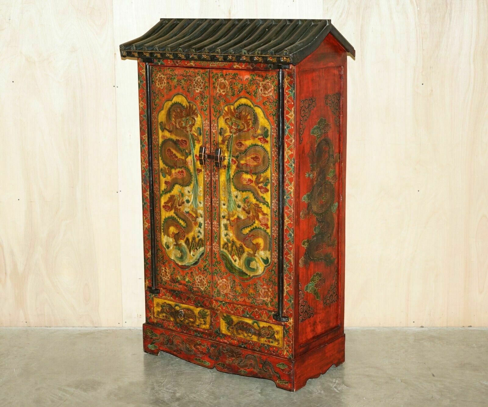 Full Sized Vintage Chinese Red Dragons Painted Pagoda Top Wardrobe With Drawers