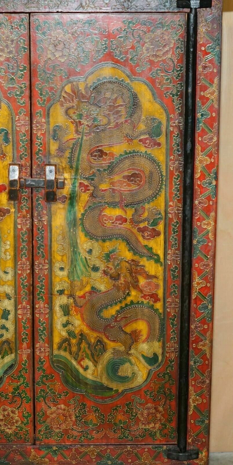 Furniture Full Sized Vintage Chinese Red Dragons Painted Pagoda Top Wardrobe With Drawers photo