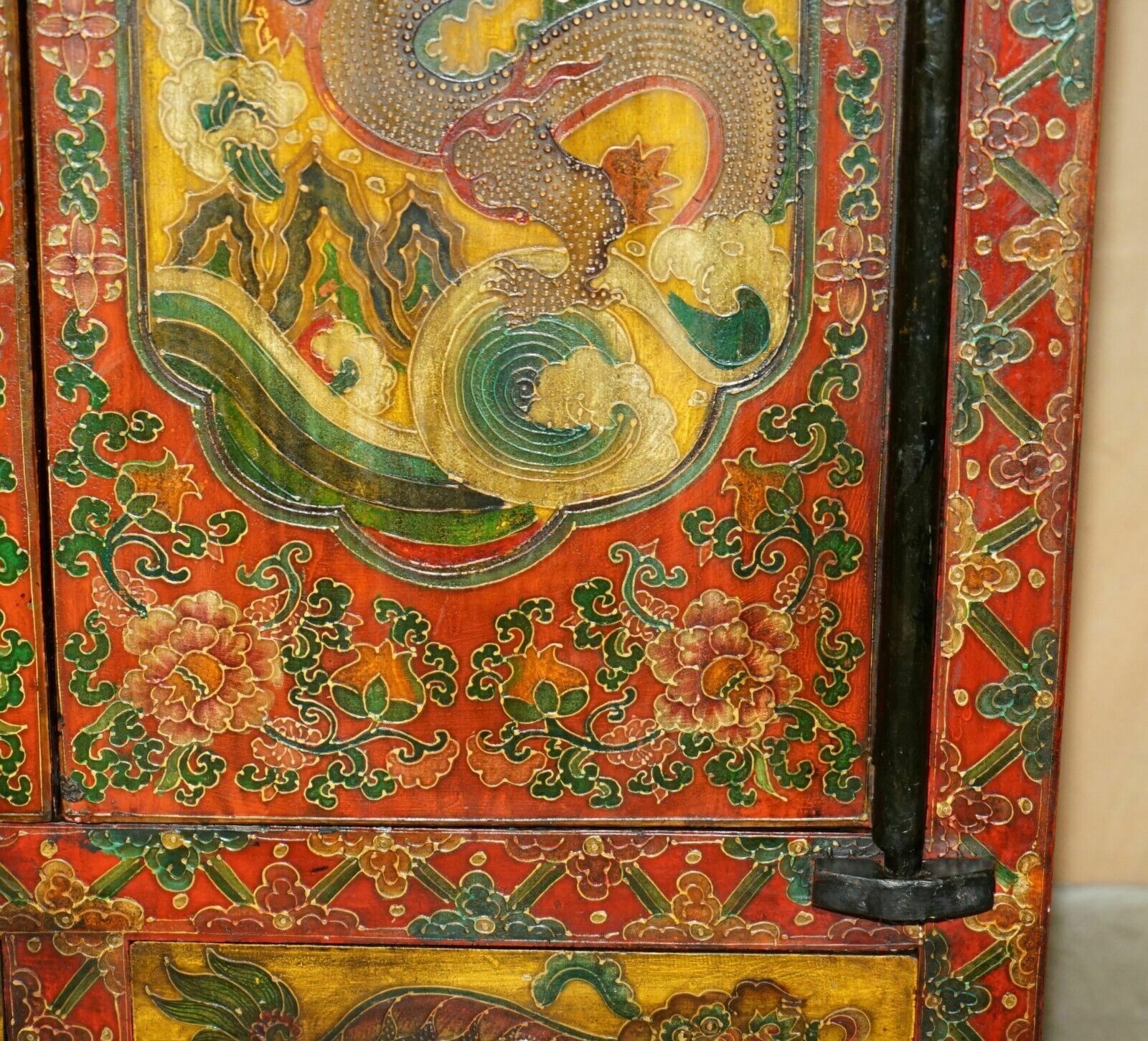 photo buy Full Sized Vintage Chinese Red Dragons Painted Pagoda Top Wardrobe With Drawers