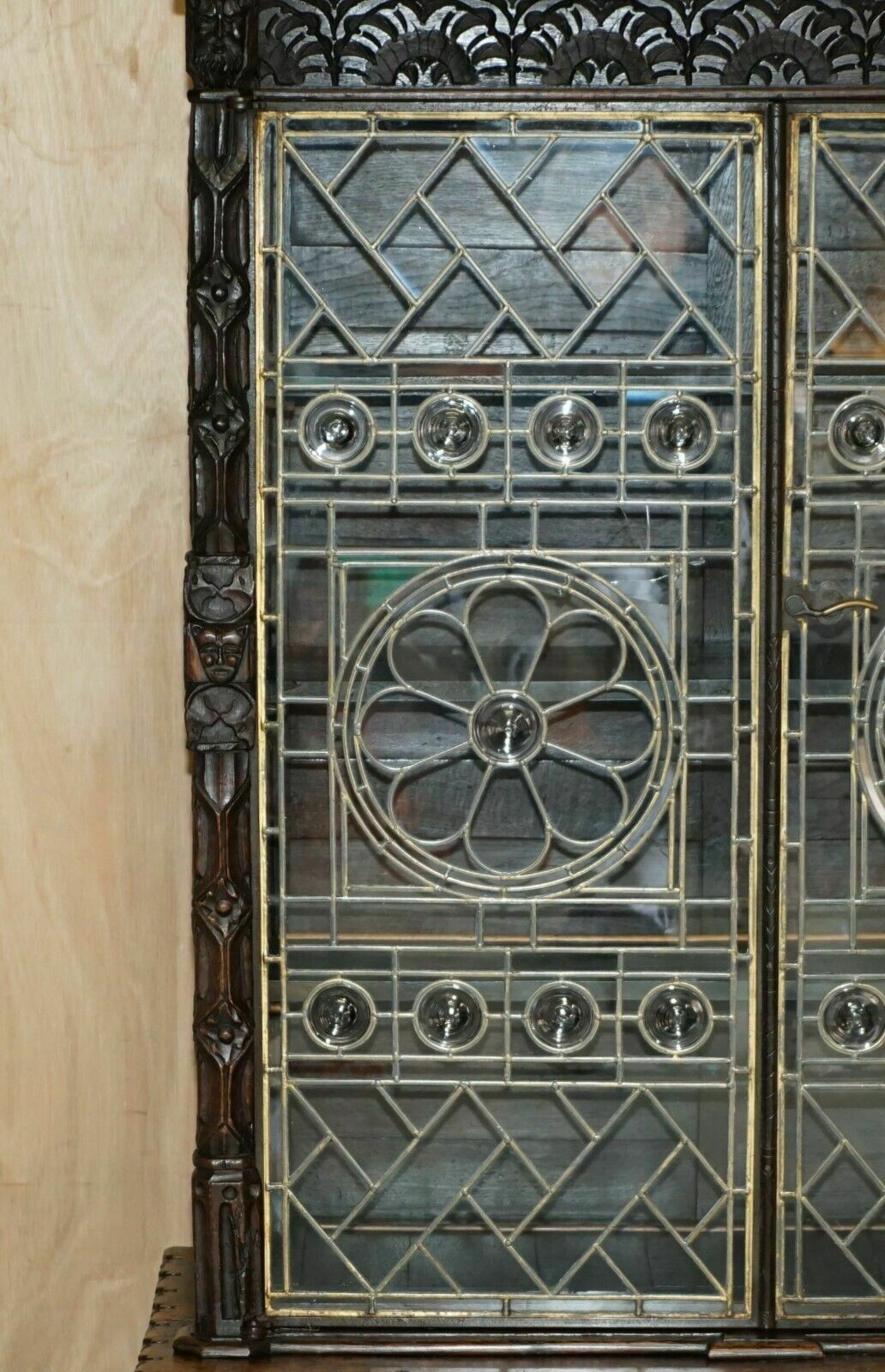 Antique Jacobean Linen Fold Carved Zinc Lined Astral Glazed Library Bookcase photo vinterior