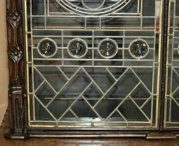 Antique Jacobean Linen Fold Carved Zinc Lined Astral Glazed Library Bookcase photo vintage