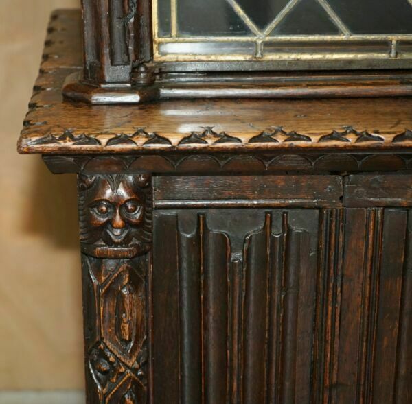 Furniture Antique Jacobean Linen Fold Carved Zinc Lined Astral Glazed Library Bookcase photo
