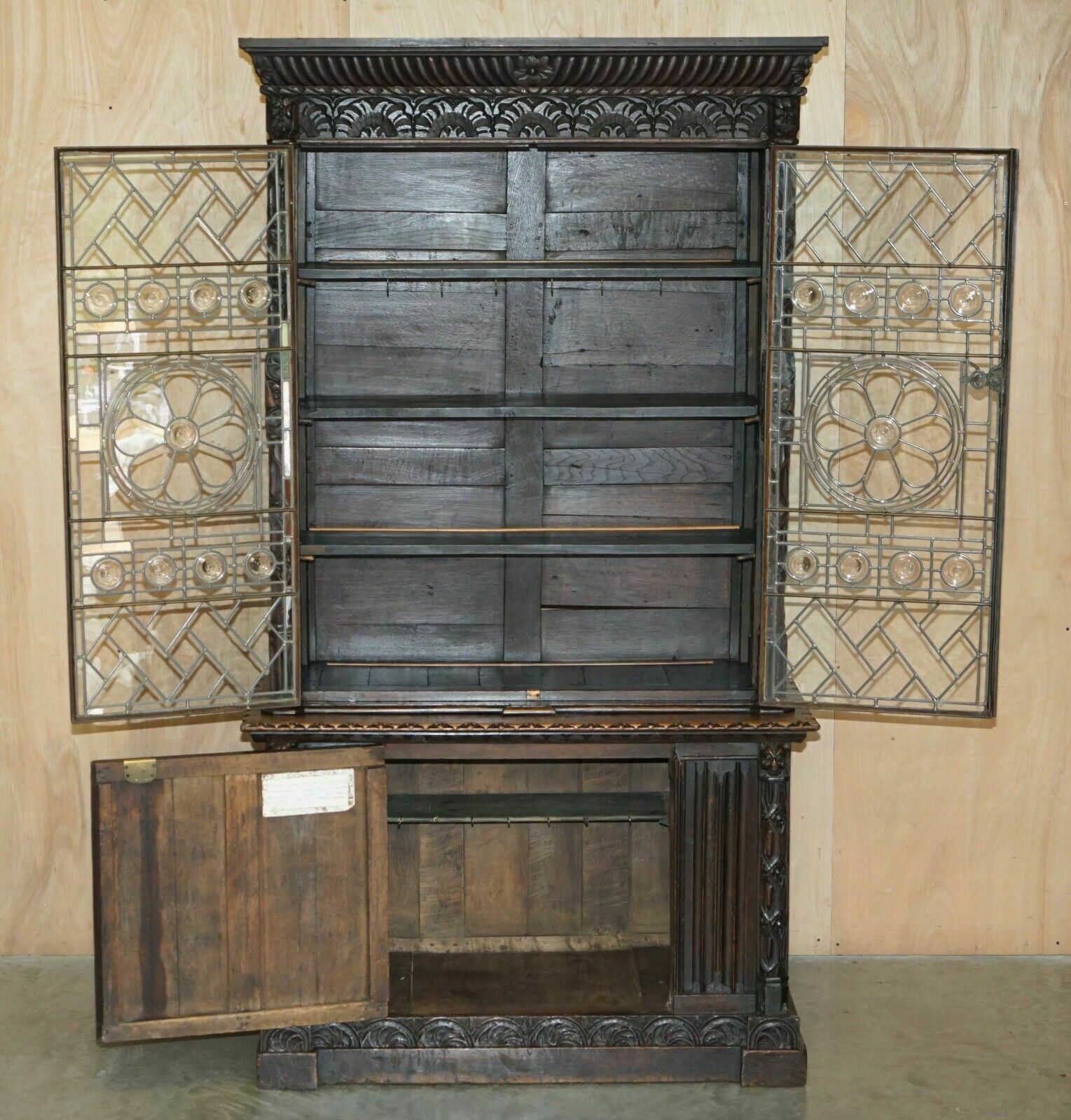photo vintage Antique Jacobean Linen Fold Carved Zinc Lined Astral Glazed Library Bookcase