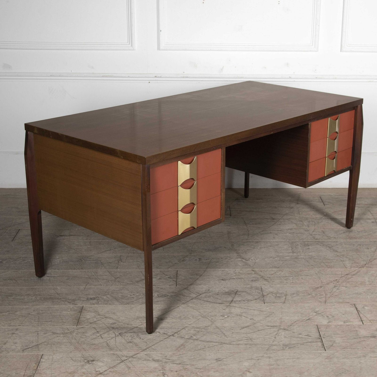 Italian Mid Century Modern Desk With Brass Handles photo for sale