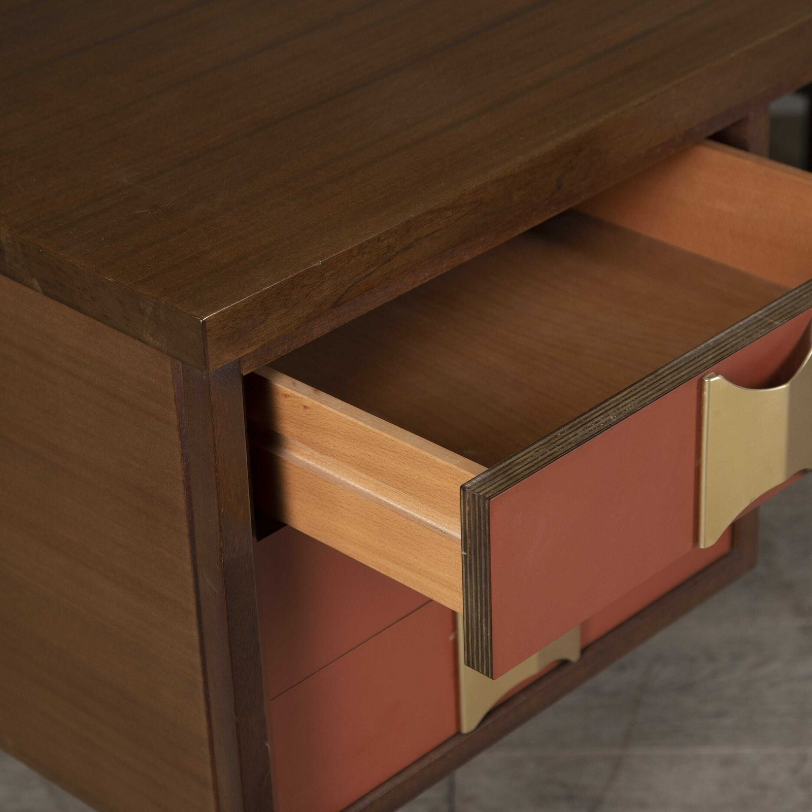 photo for sale Italian Mid Century Modern Desk With Brass Handles