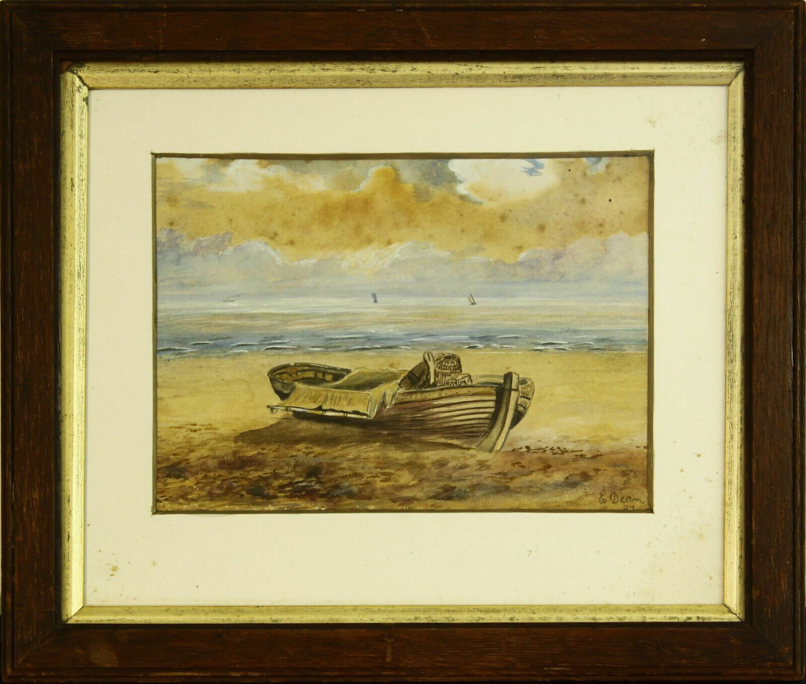 Watercolour By E. Dean. Fishing Boat With Lobster Pots