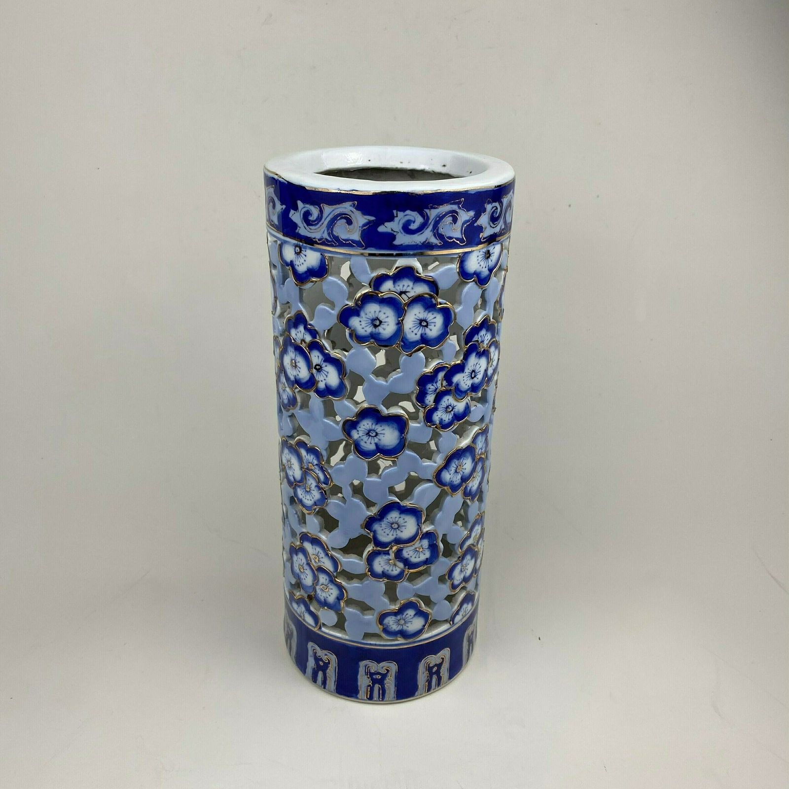 Oriental Ceramic Pot Blue Gold Antique Chinese Pattern Cylinder Vase Prunus Pattern Asian Decor China Asia Planter