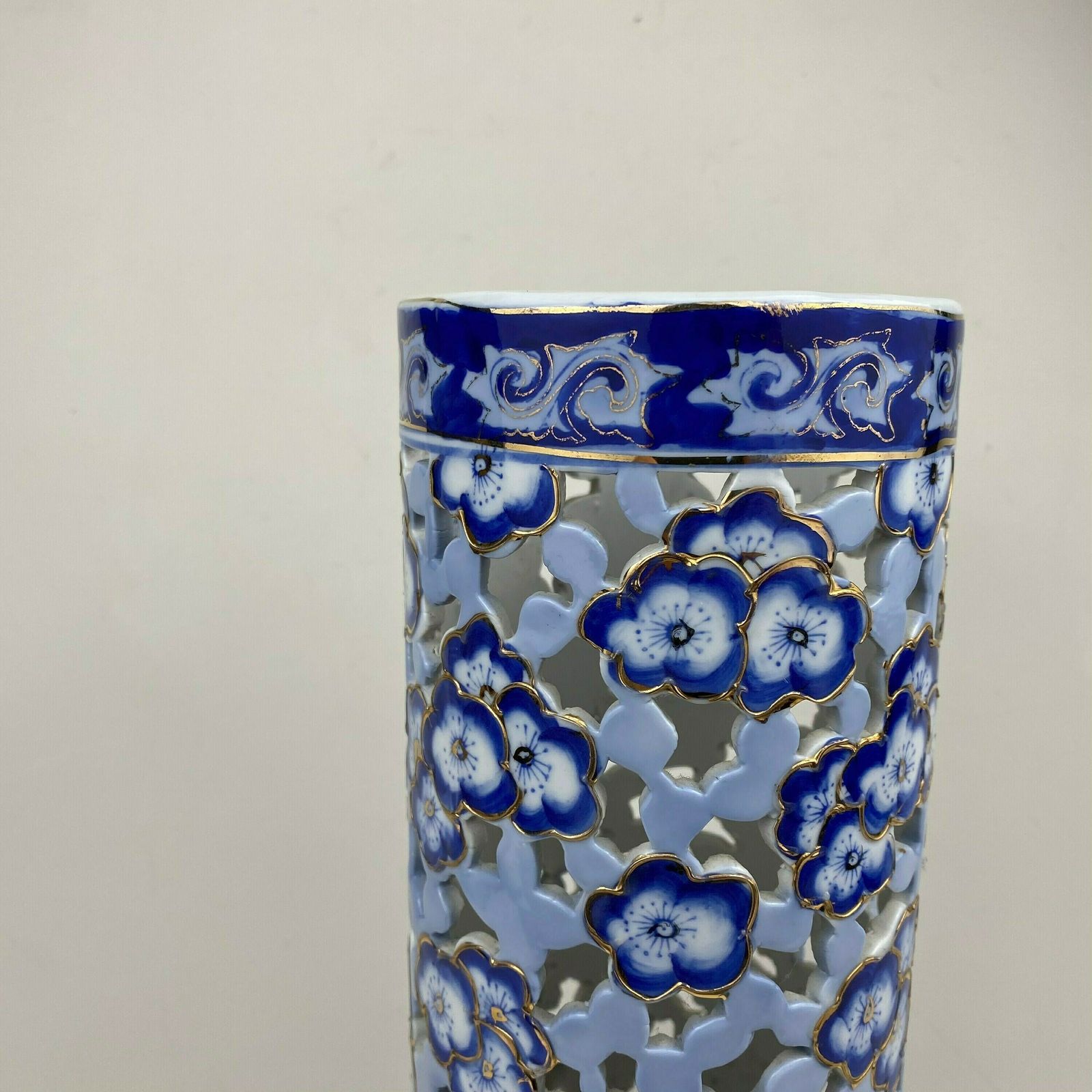 Oriental Ceramic Pot Blue Gold Antique Chinese Pattern Cylinder Vase Prunus Pattern Asian Decor China Asia Planter photo for sale