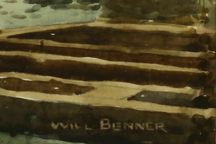 Watercolour By Will Benner. Barges Docked At Port On The Rhine photo for sale