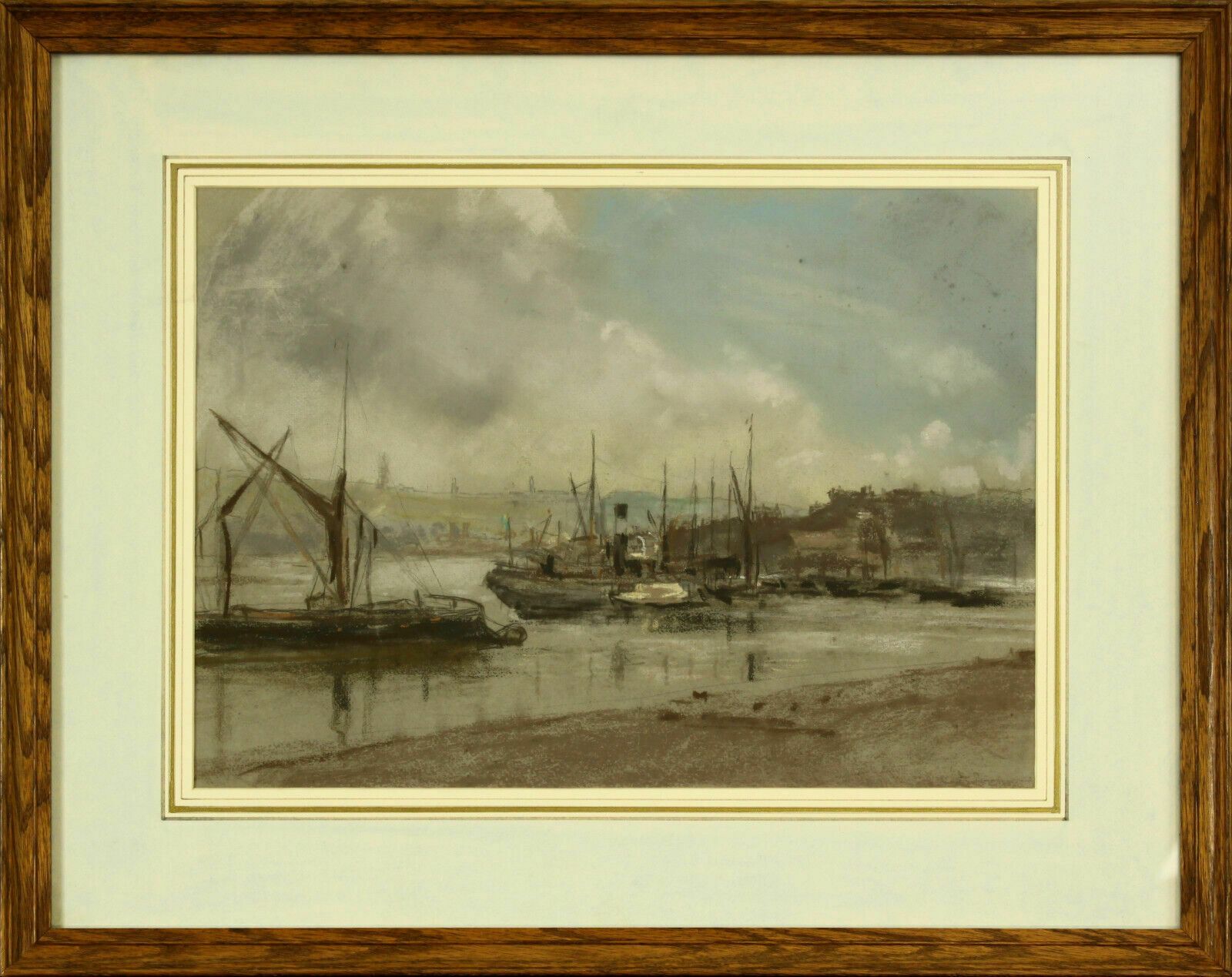 Pastel By Bernard Sickert. Steamer And Fishing Boats Moored