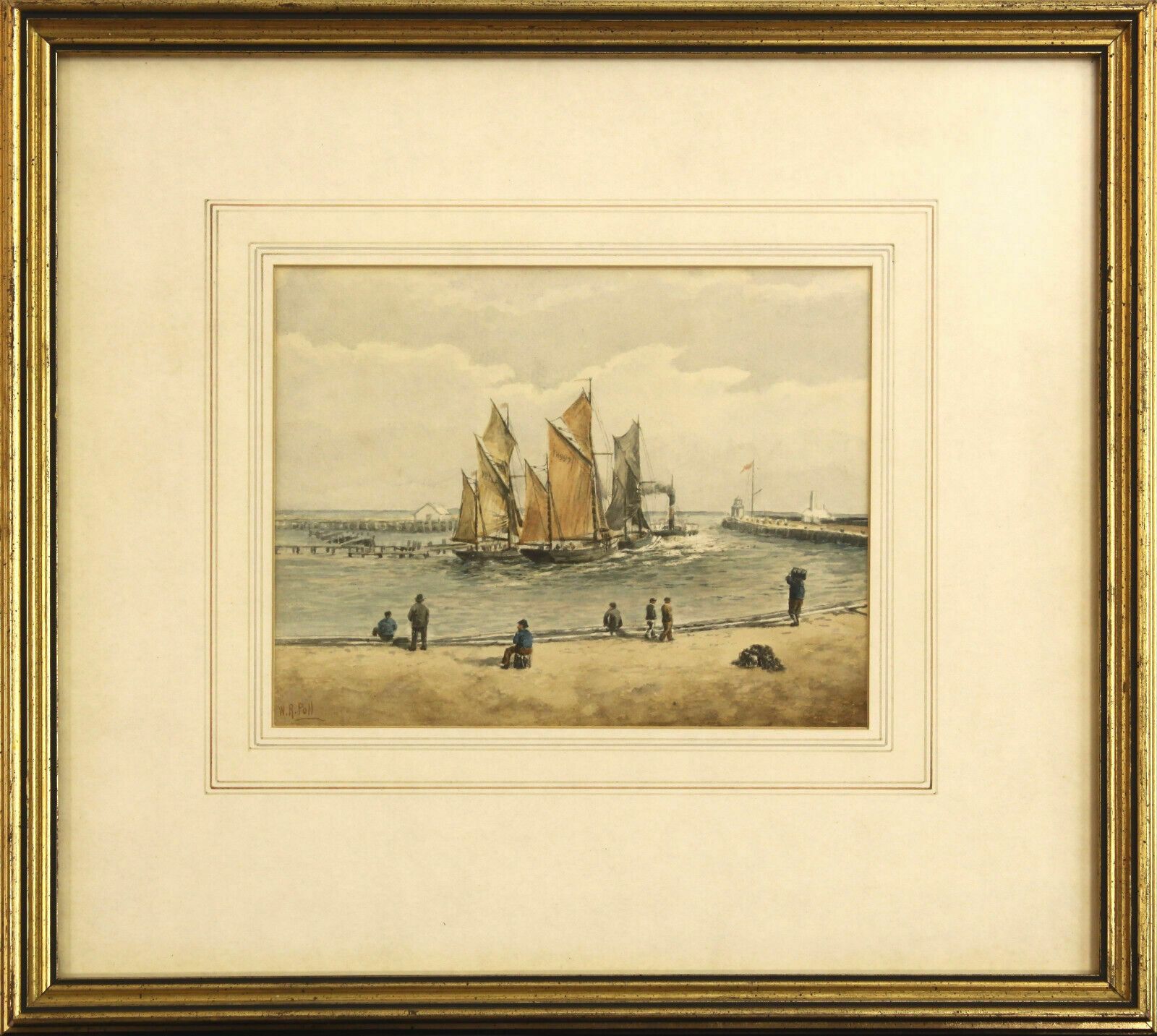 Watercolour By Wallace R Poll. Fishing Boats Following Steamer Out Of Yarmouth