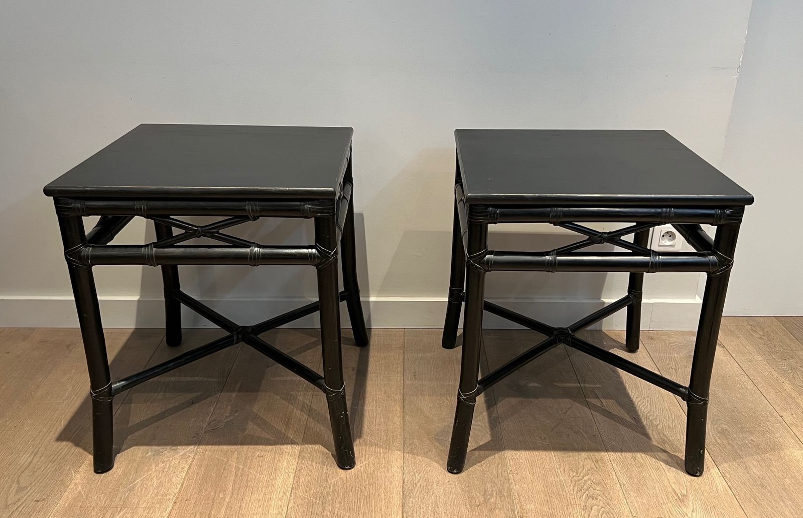Pair Of Black Lacquered Faux Bamboo Side Tables