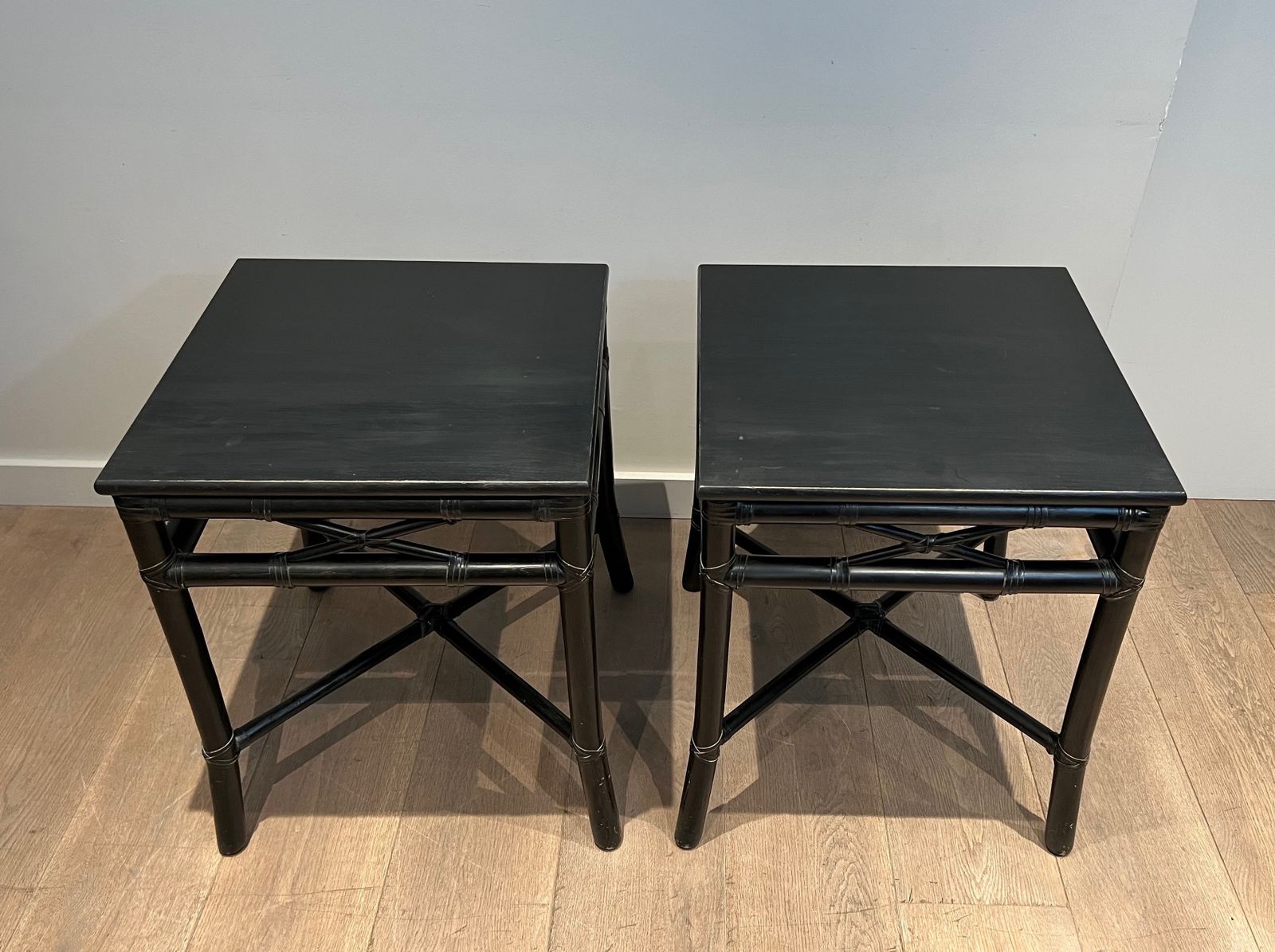 Pair Of Black Lacquered Faux Bamboo Side Tables photo for sale