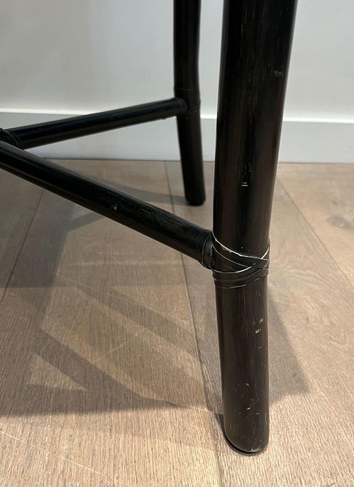 photo for sale Pair Of Black Lacquered Faux Bamboo Side Tables