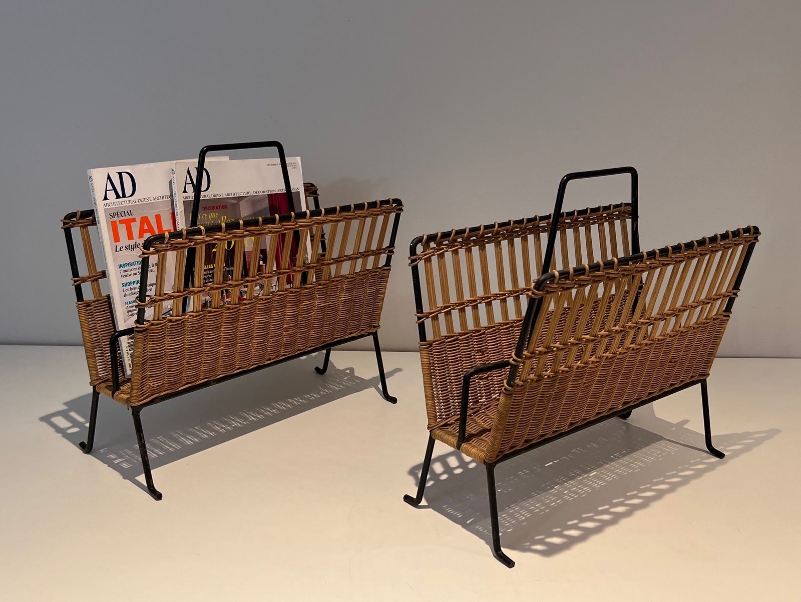 Pair Of Magazine Racks In Black Lacquered Metal And Rattan photo Home Decor