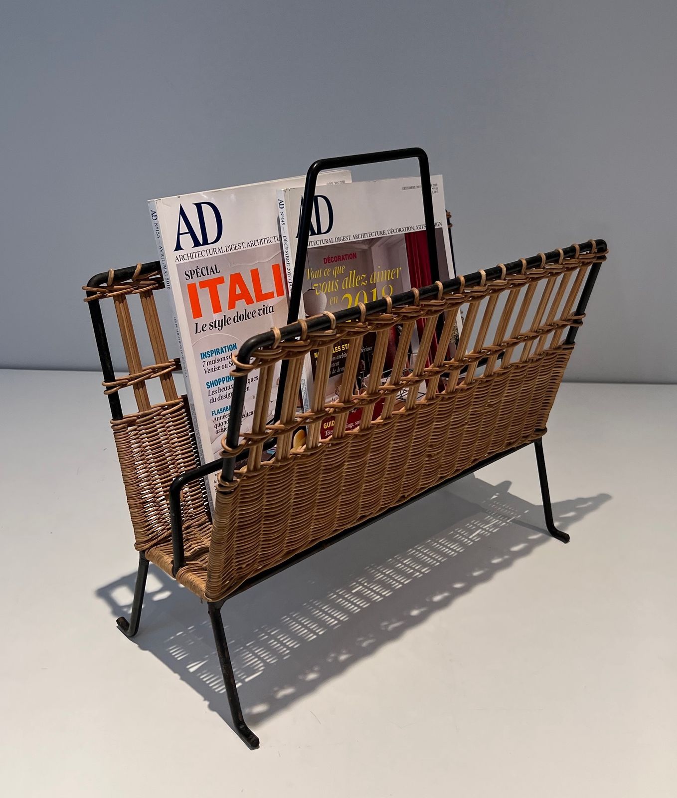 Pair Of Magazine Racks In Black Lacquered Metal And Rattan photo 1650.0