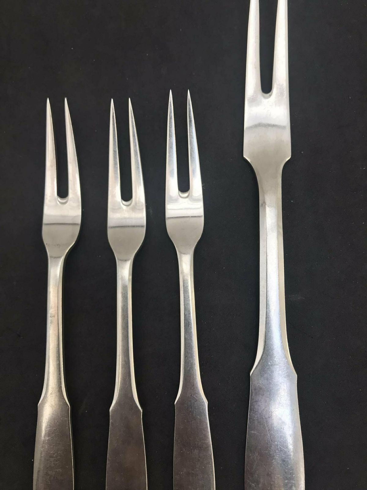 Mitra Georg Jensen Gundorph Albertus Set 4 Cold Meat Forks Stainless Steel, 1940s Replacement Forks Danish Cutlery Scandinavian Flatware photo for sale