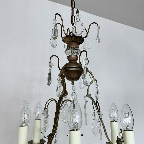French Gilt Brass Birdcage Chandelier With Glass And Crystal Drops photo vintage