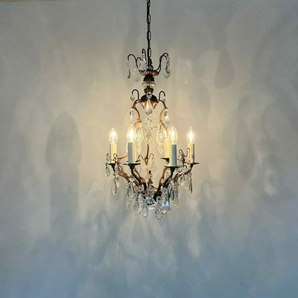 photo furniture French Gilt Brass Birdcage Chandelier With Glass And Crystal Drops