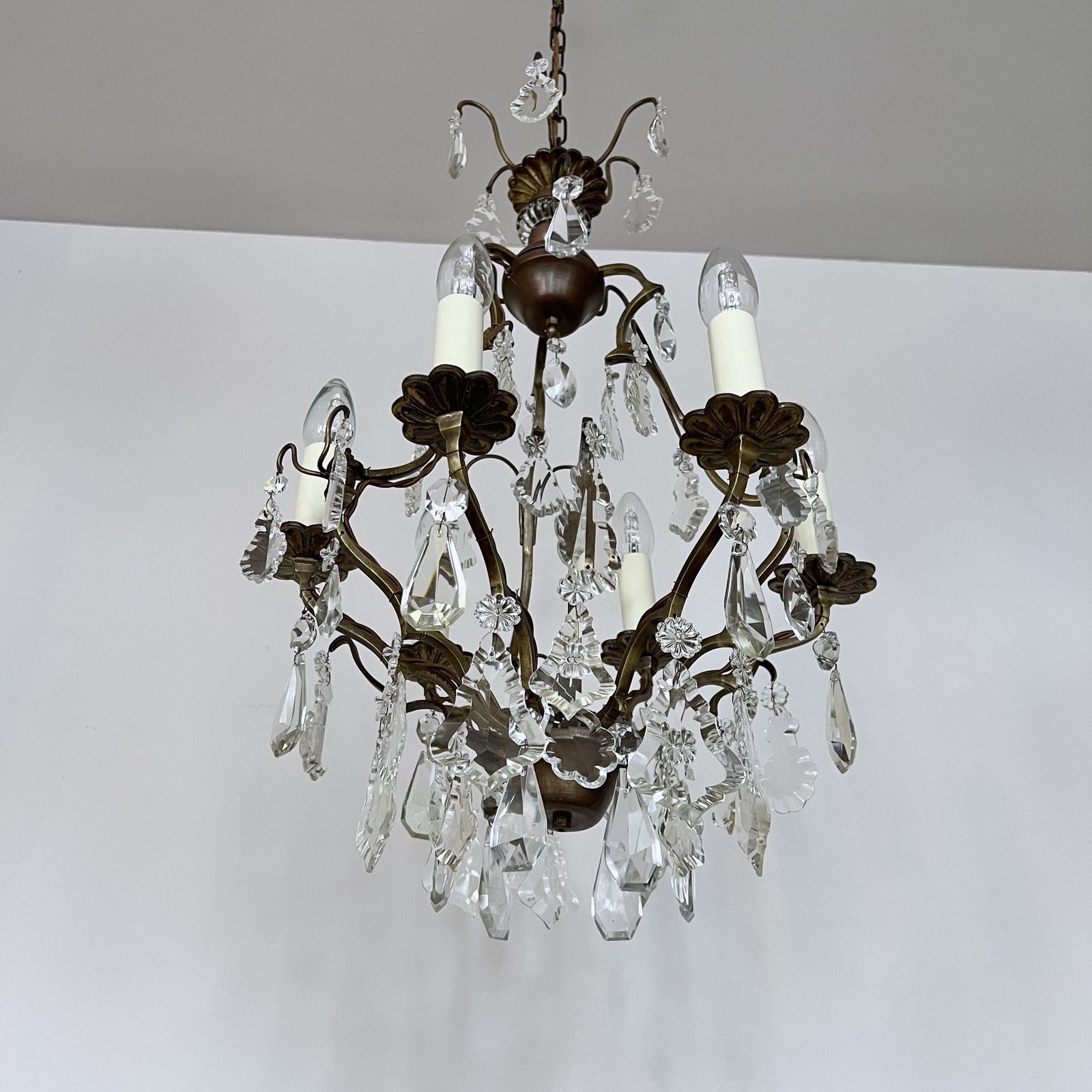 photo buy French Gilt Brass Birdcage Chandelier With Glass And Crystal Drops