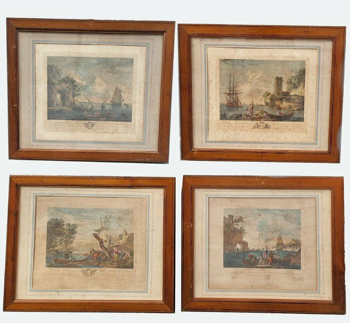 Suite Of 4 Framed Engravings, Fishing, Xixth Century