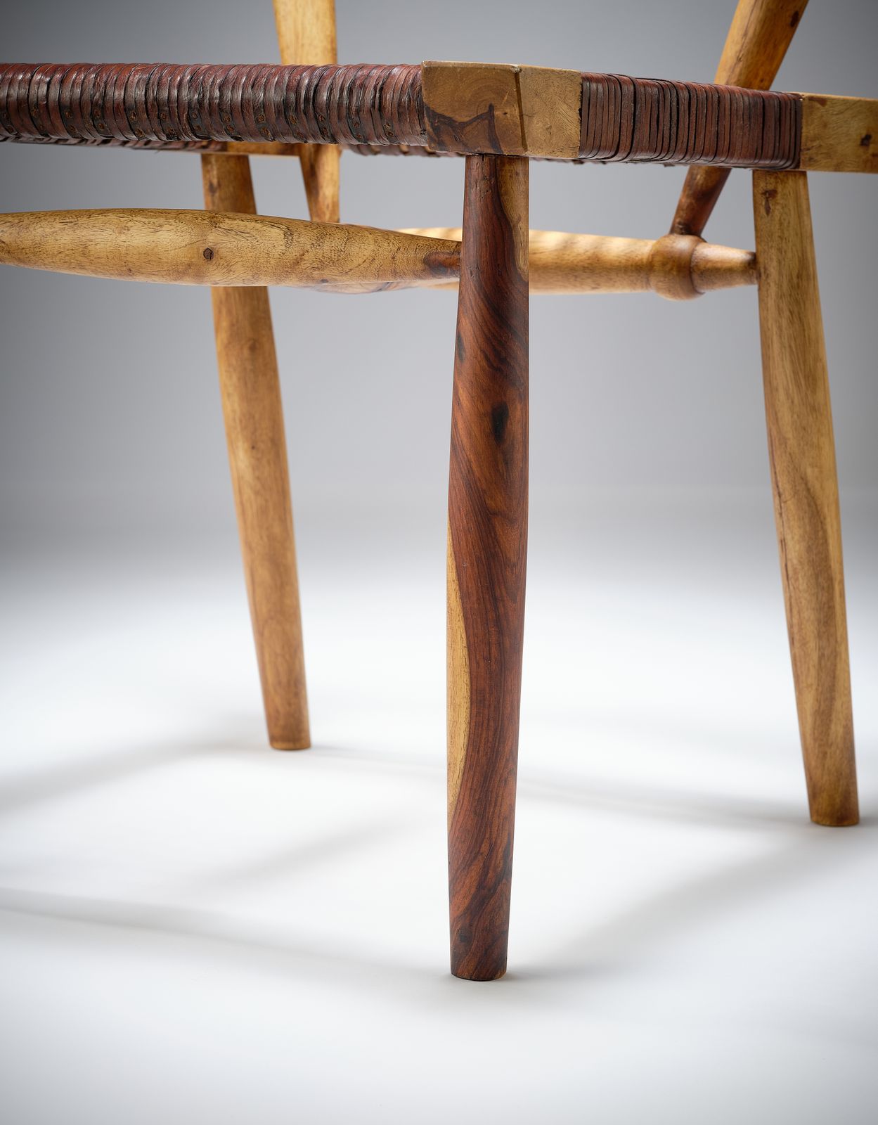 photo furniture Delightful Danish Mid Century Style Leather Strung African Hardwood Framed Chair, Denmark Circa 1980's