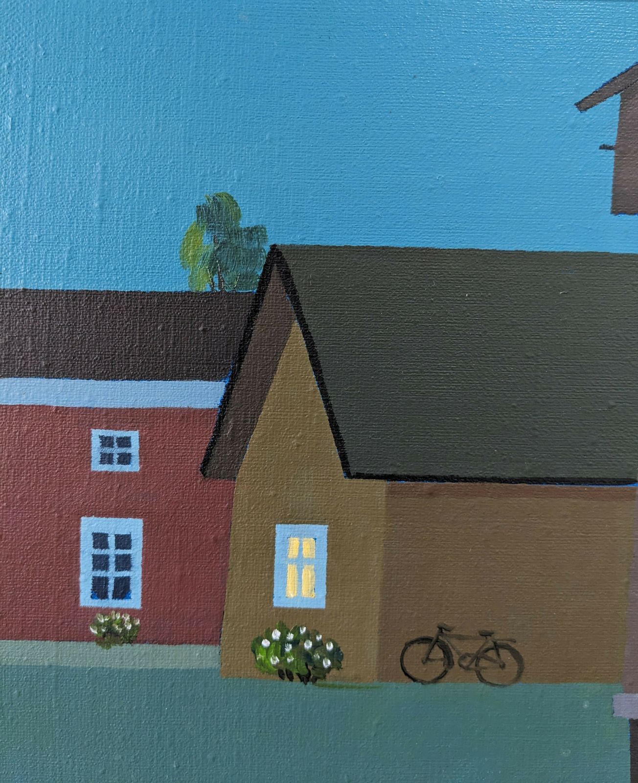 Framed Street Scene Oil Painting, Houses At Midnight, 1990s photo furniture