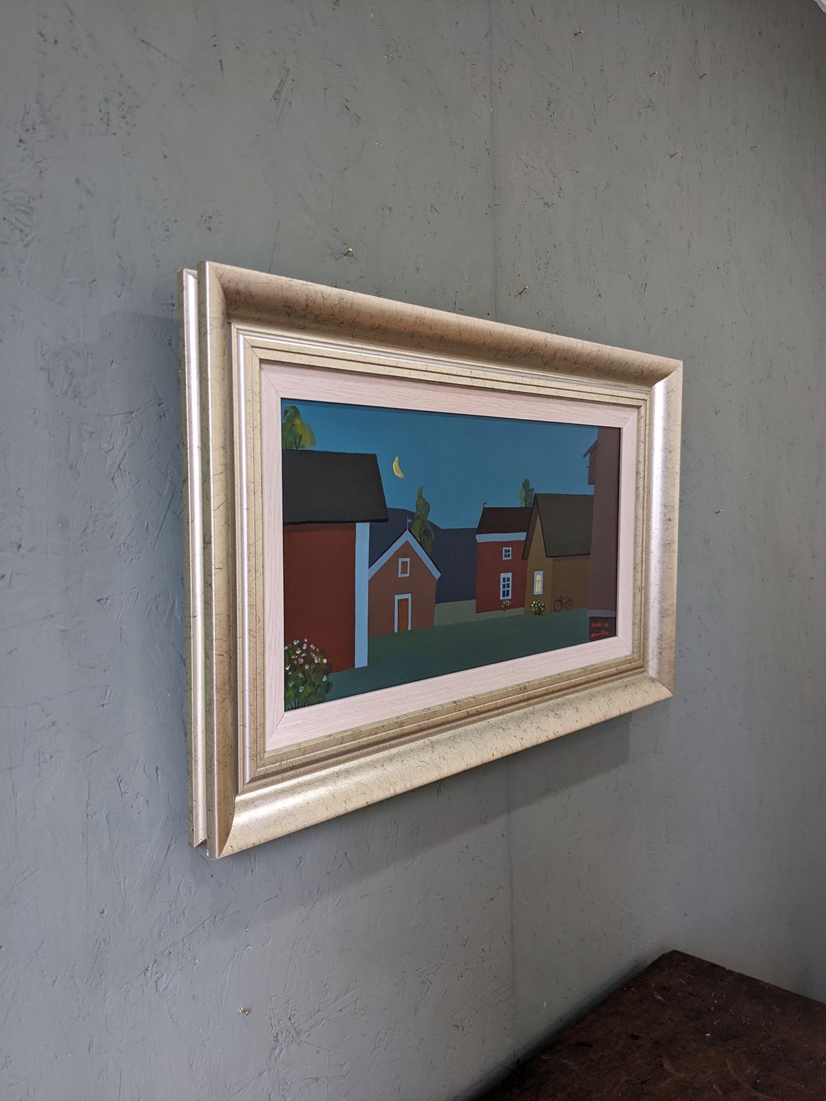 photo vinterior Framed Street Scene Oil Painting, Houses At Midnight, 1990s