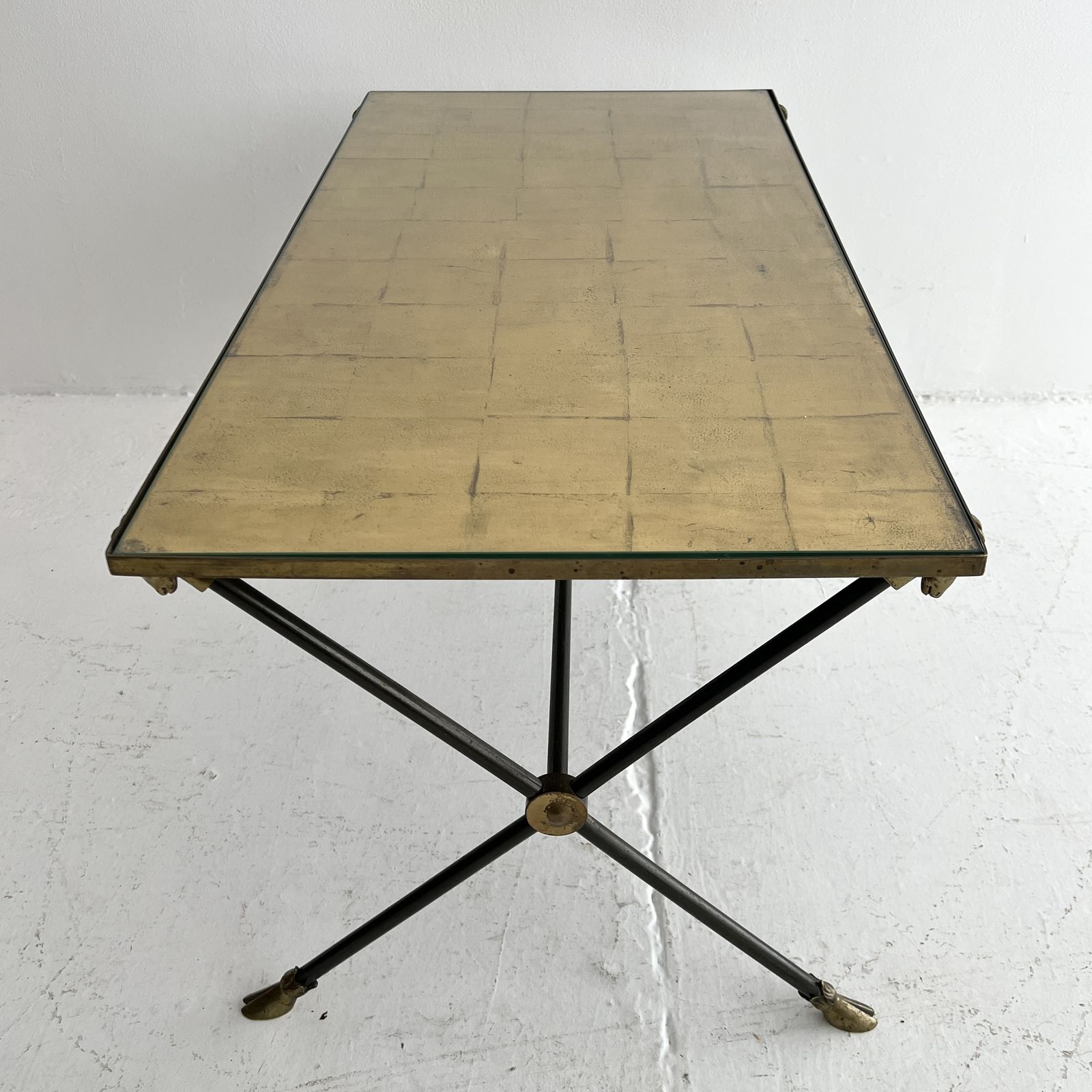 photo for sale 1970s 70s Maison Ramsay Gold Leaf  Brass Hoof And Rams Head French Coffee Table